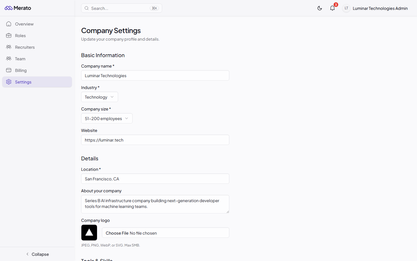 Company settings page showing company name, website, logo, industry, size, and description fields