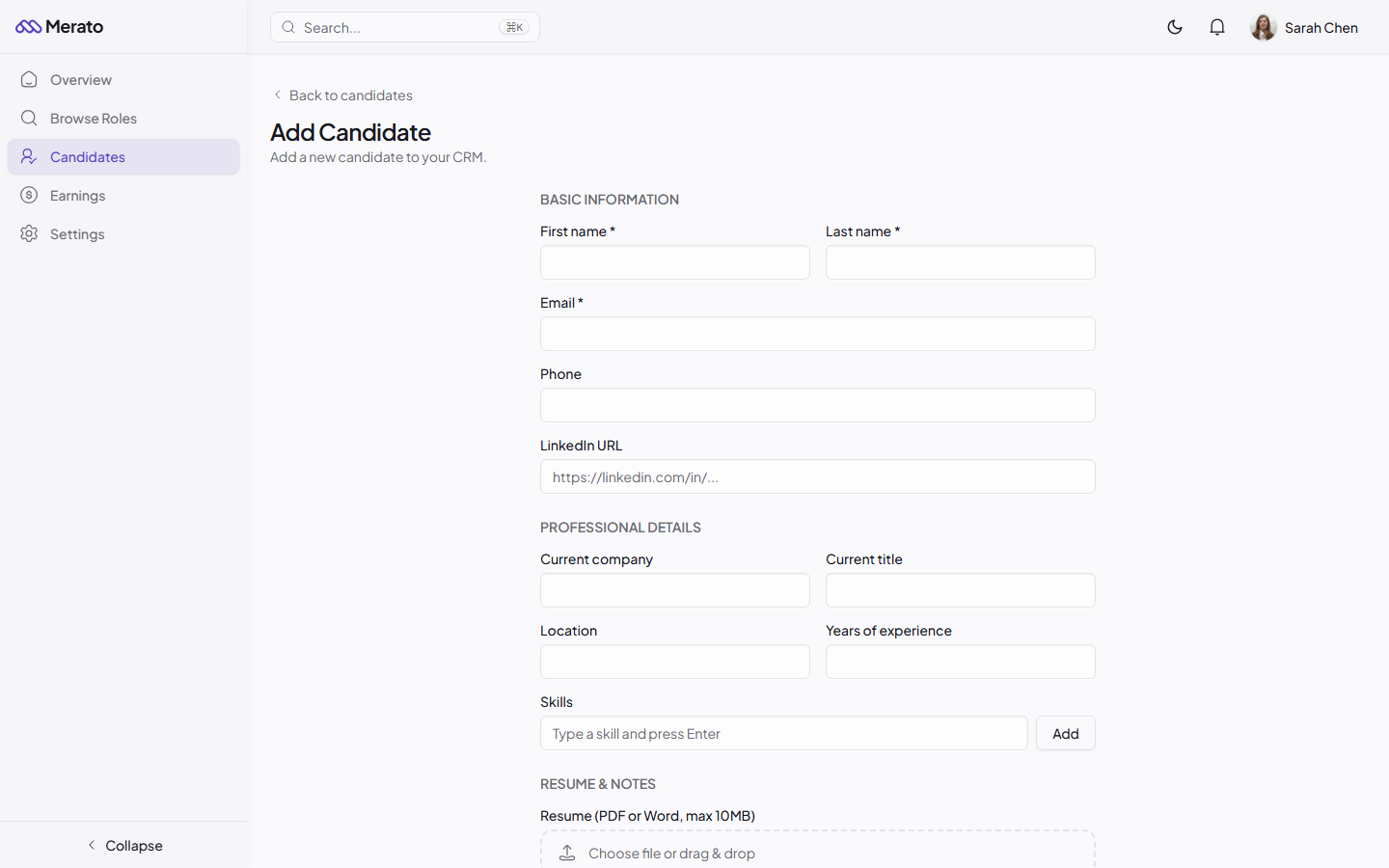 Add Candidate form showing fields for name, email, phone, LinkedIn URL, current company, title, location, skills, and resume upload