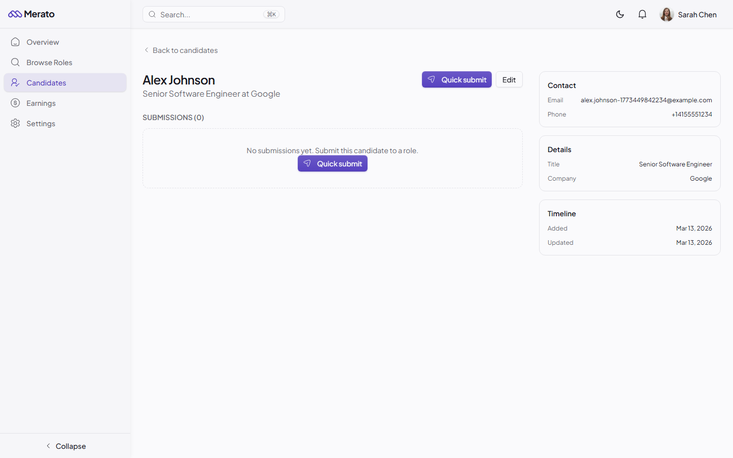 Candidate detail page showing profile information, submission history, and notes