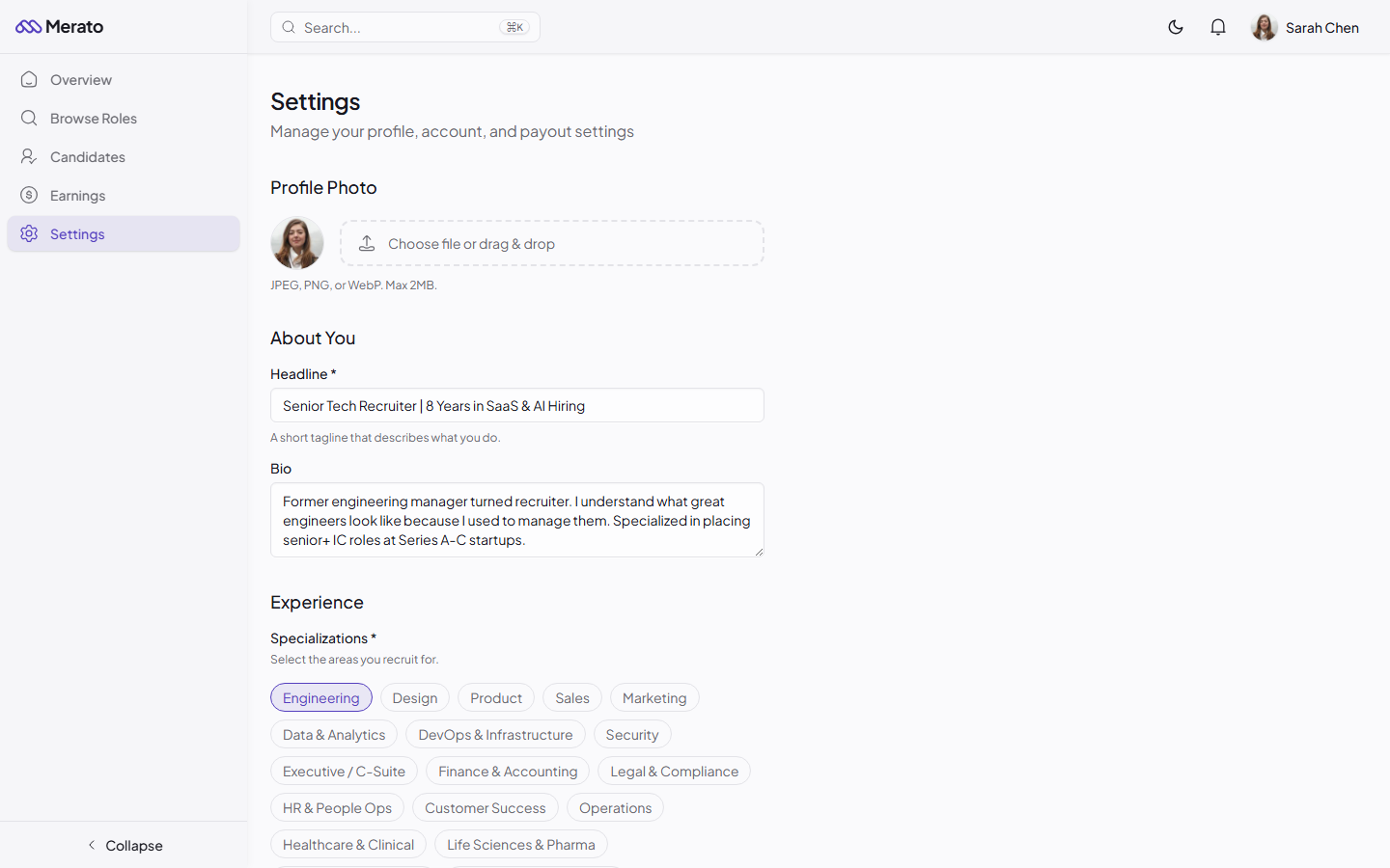 Recruiter profile settings showing the fields evaluated during the vetting process