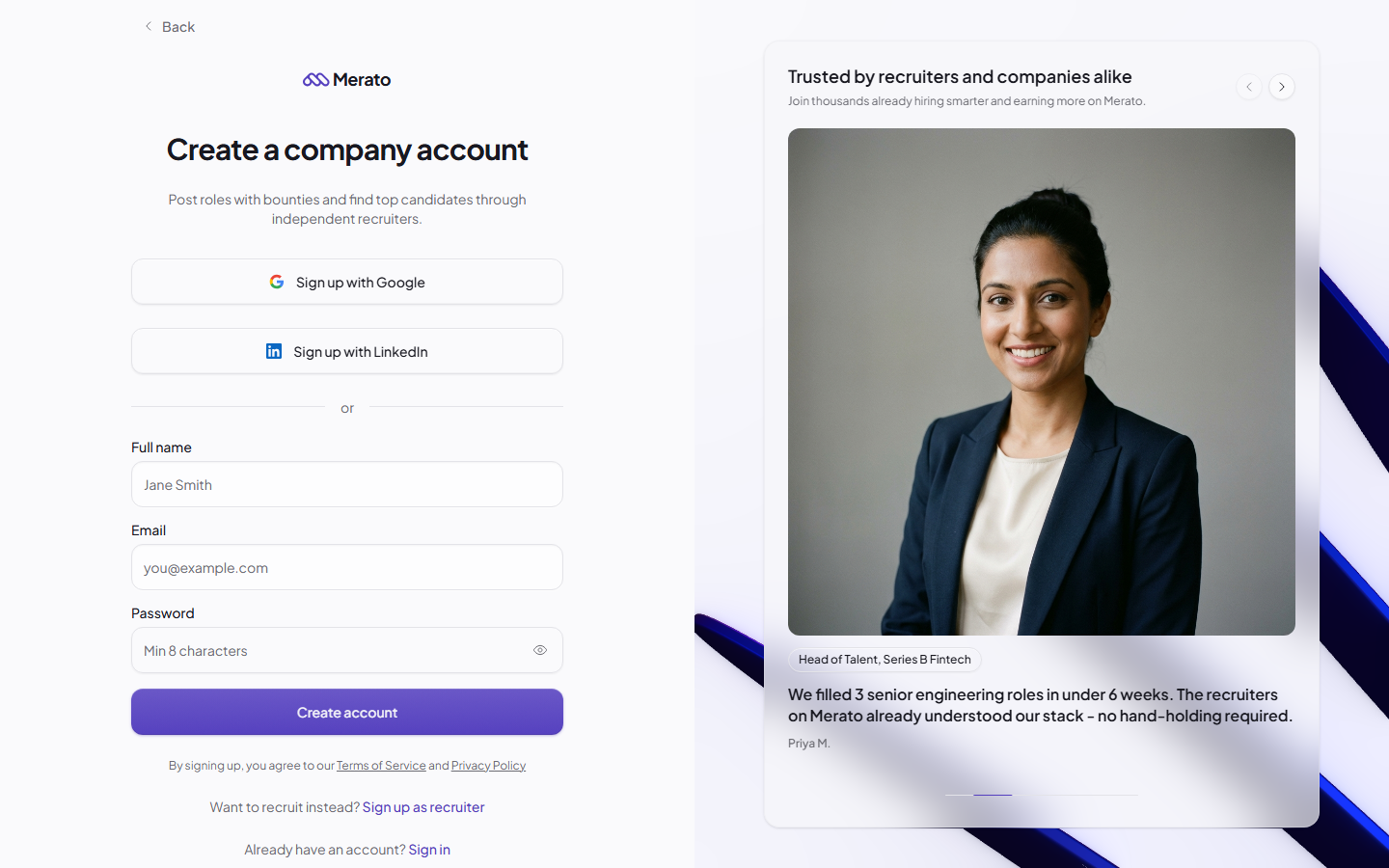 Company registration page showing Google and LinkedIn sign-up options, name, email, and password fields