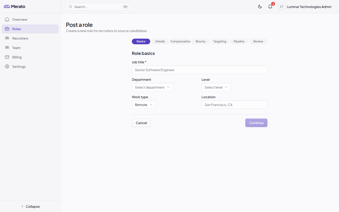 Role creation form with multi-step wizard showing the Basics step with title, department, level, and work type fields