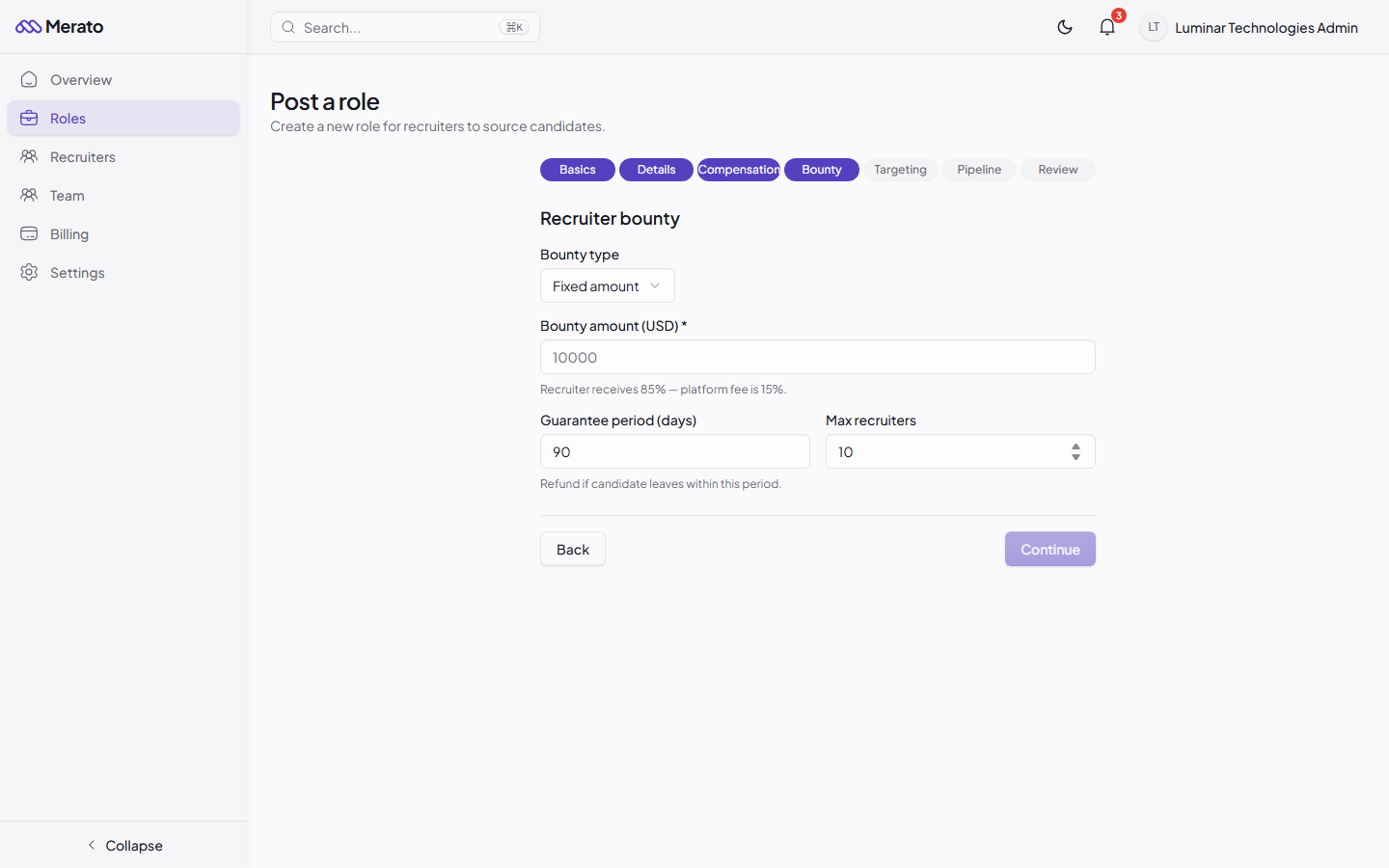Role creation Bounty step showing bounty amount, type toggle, and guarantee period