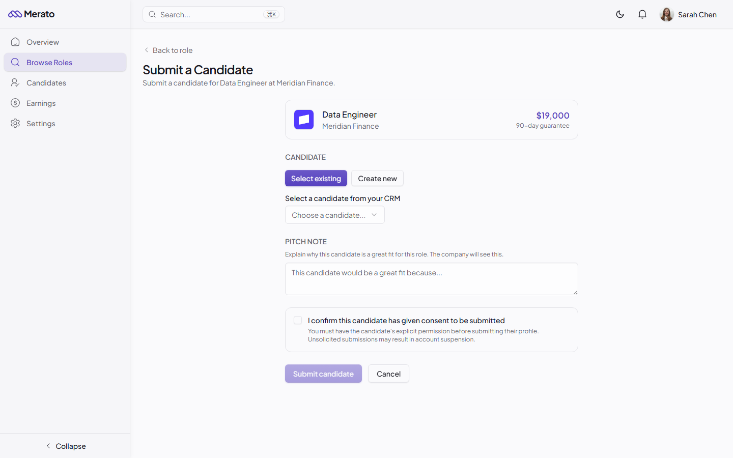 Submit a Candidate page showing role info card, candidate selector, pitch note textarea, consent checkbox, and submit button