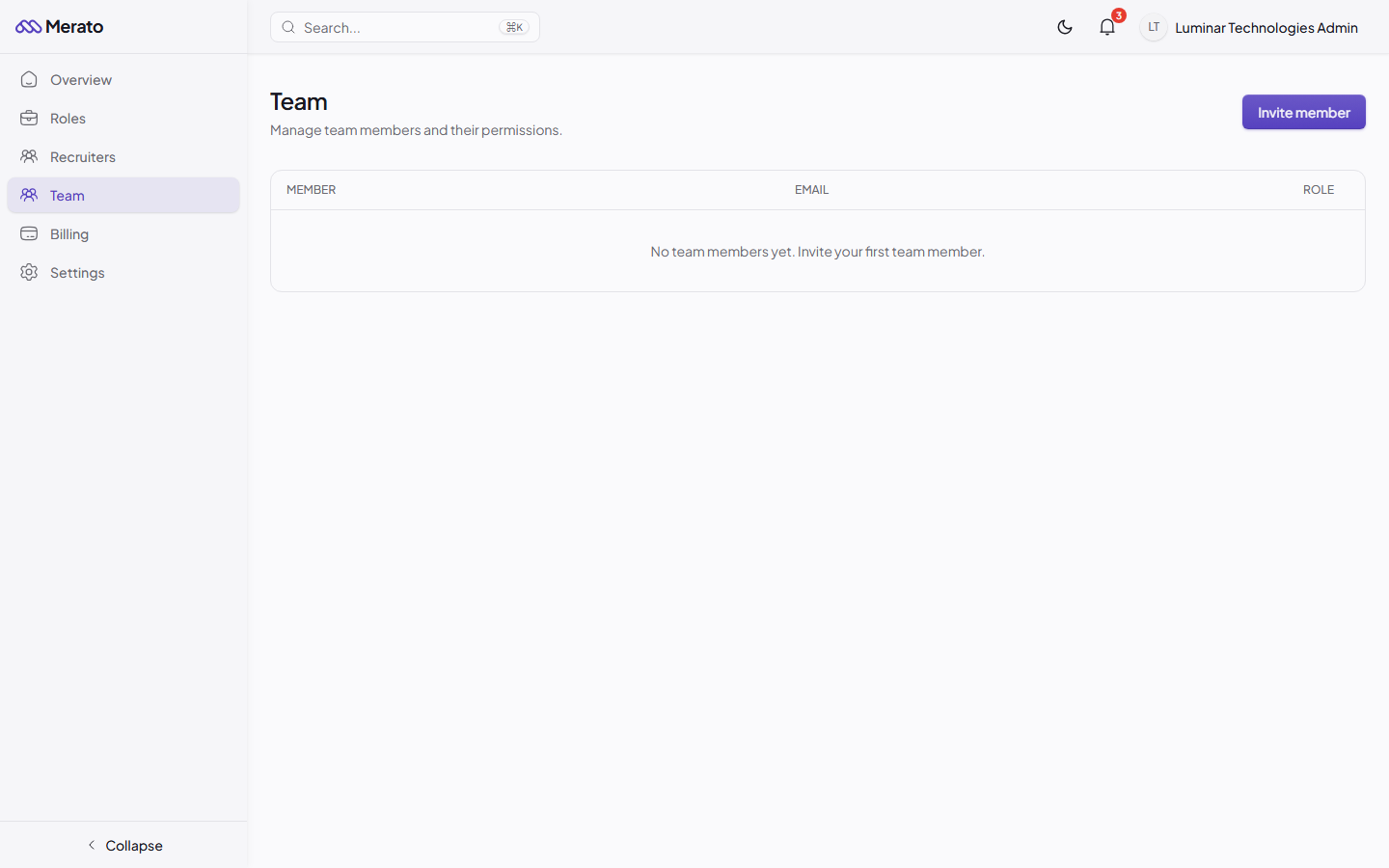 Team management page showing Member, Email, and Role columns with an Invite Member button